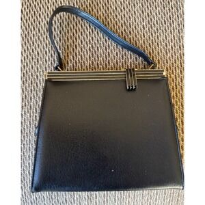 Saks Fifth‎ Ave Leather Handbag Purse Black MCM Sleek Metal Clasp Vintage 1960s